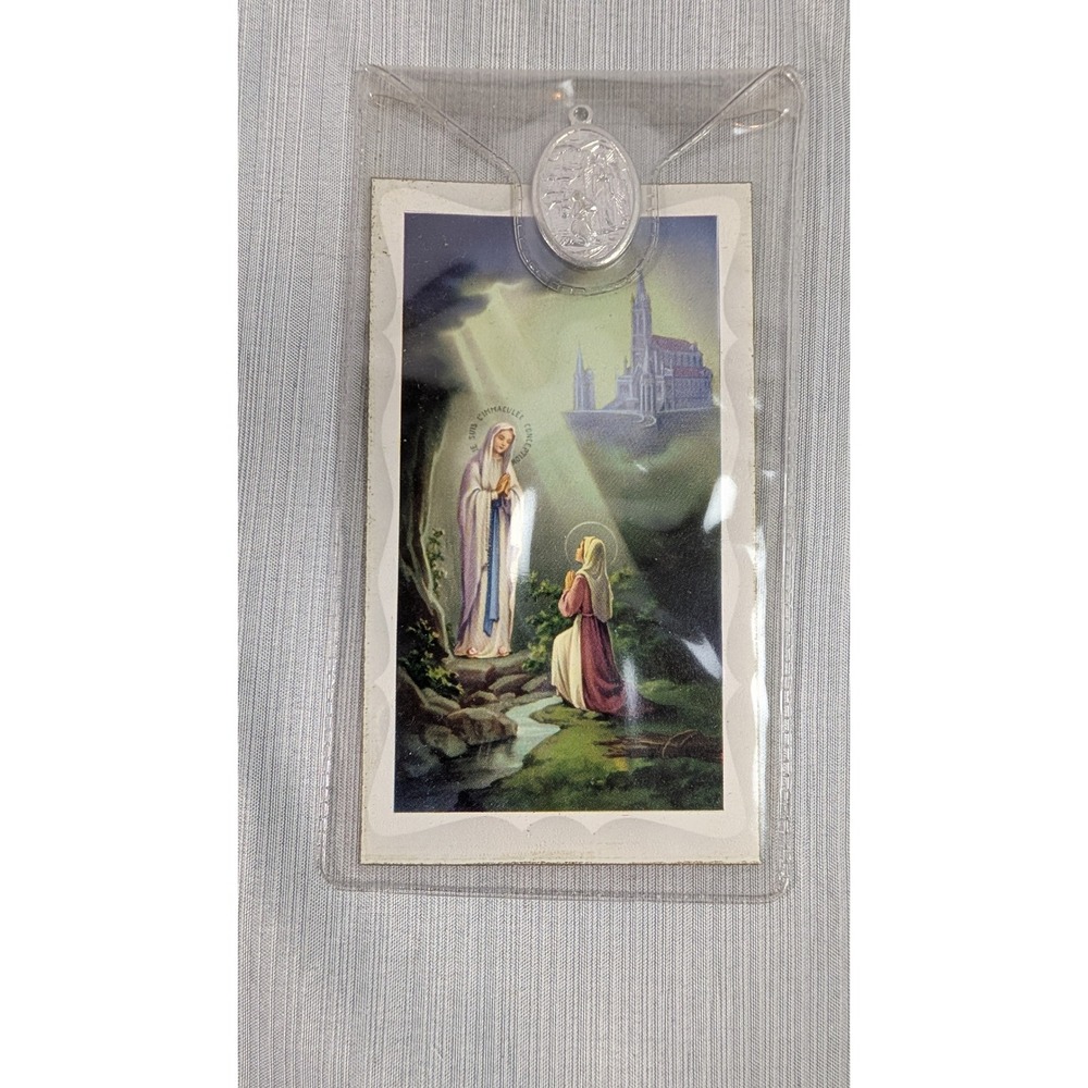 Our Lady of Lourdes Prayer Card with Silver Tone Medal Italy